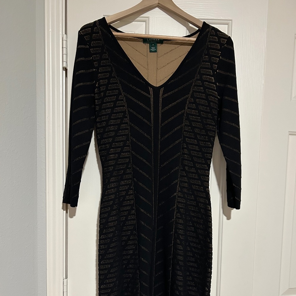 Lauren Ralph Lauren Black V-Neck Midi Dress 3/4 Sleeves Size M Preppy!